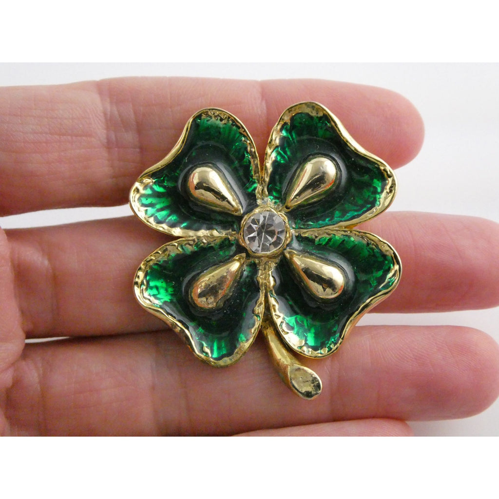 Vintage Goldtone Metal Green Enamel and White Rhinestone Four Leaf Clover Pin