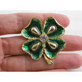 Vintage Goldtone Metal Green Enamel and White Rhinestone Four Leaf Clover Pin