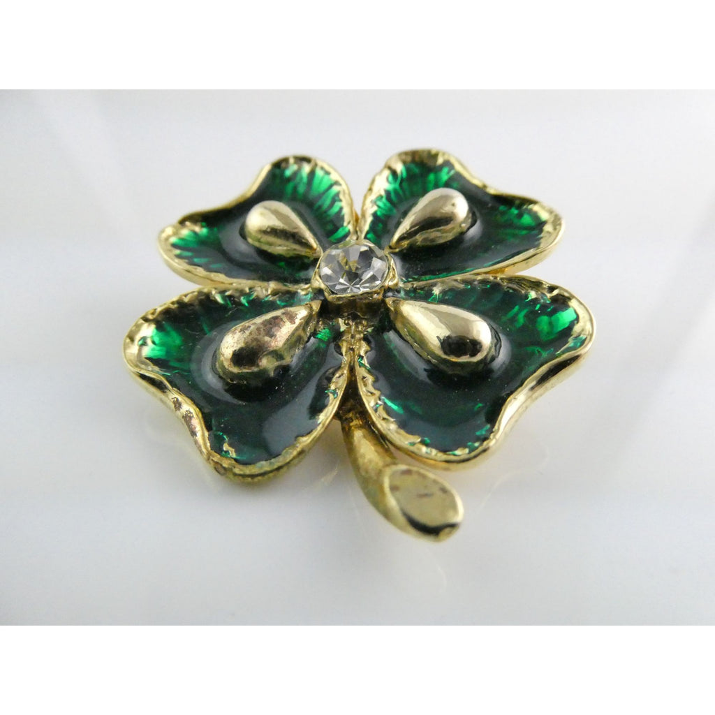 Vintage Goldtone Metal Green Enamel and White Rhinestone Four Leaf Clover Pin