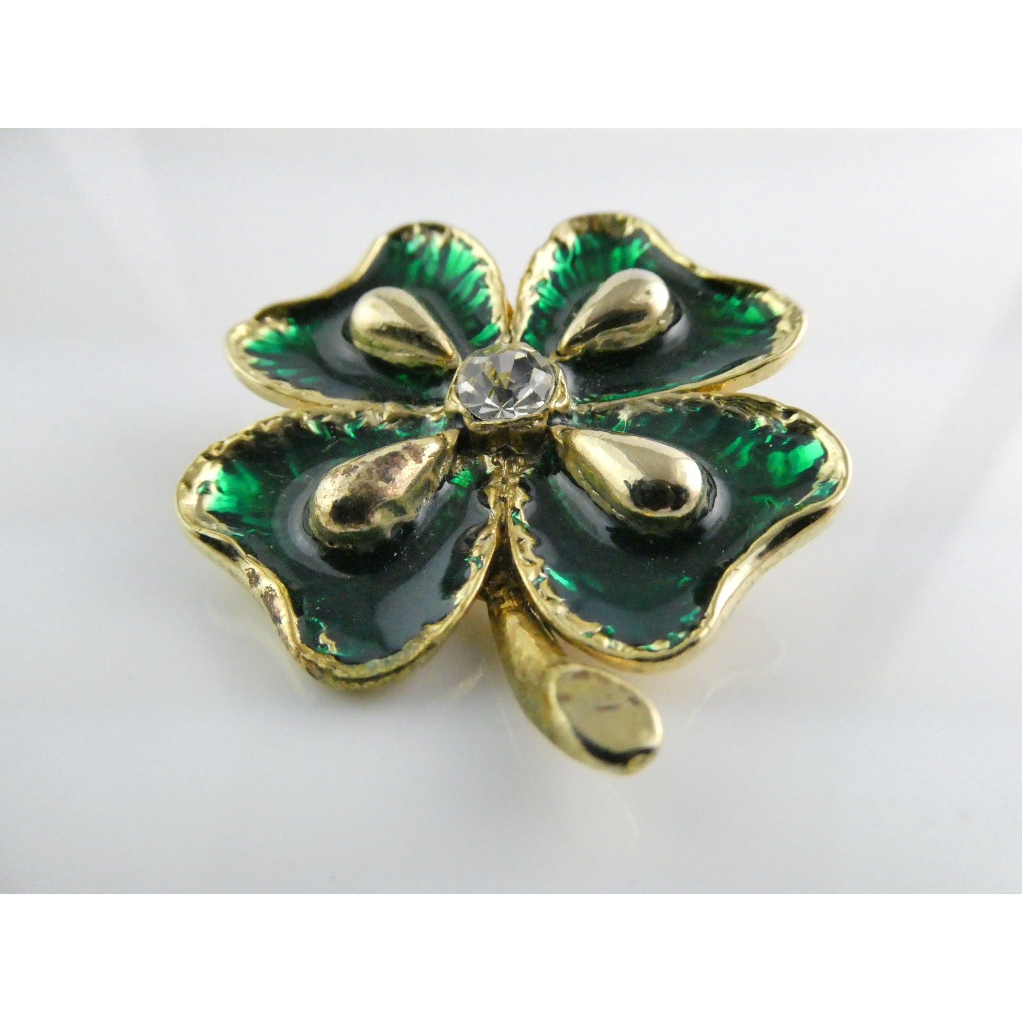 Vintage Goldtone Metal Green Enamel and White Rhinestone Four Leaf Clover Pin