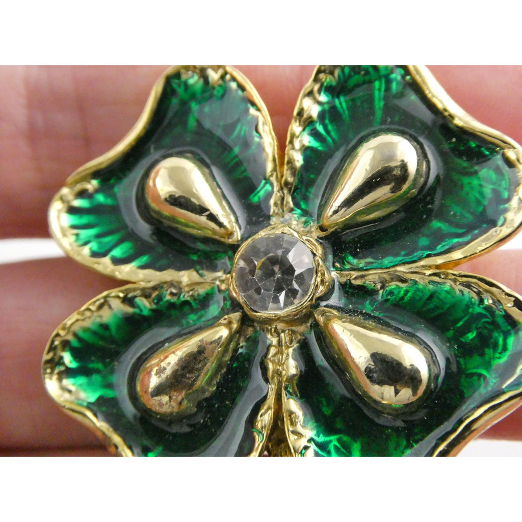 Vintage Goldtone Metal Green Enamel and White Rhinestone Four Leaf Clover Pin