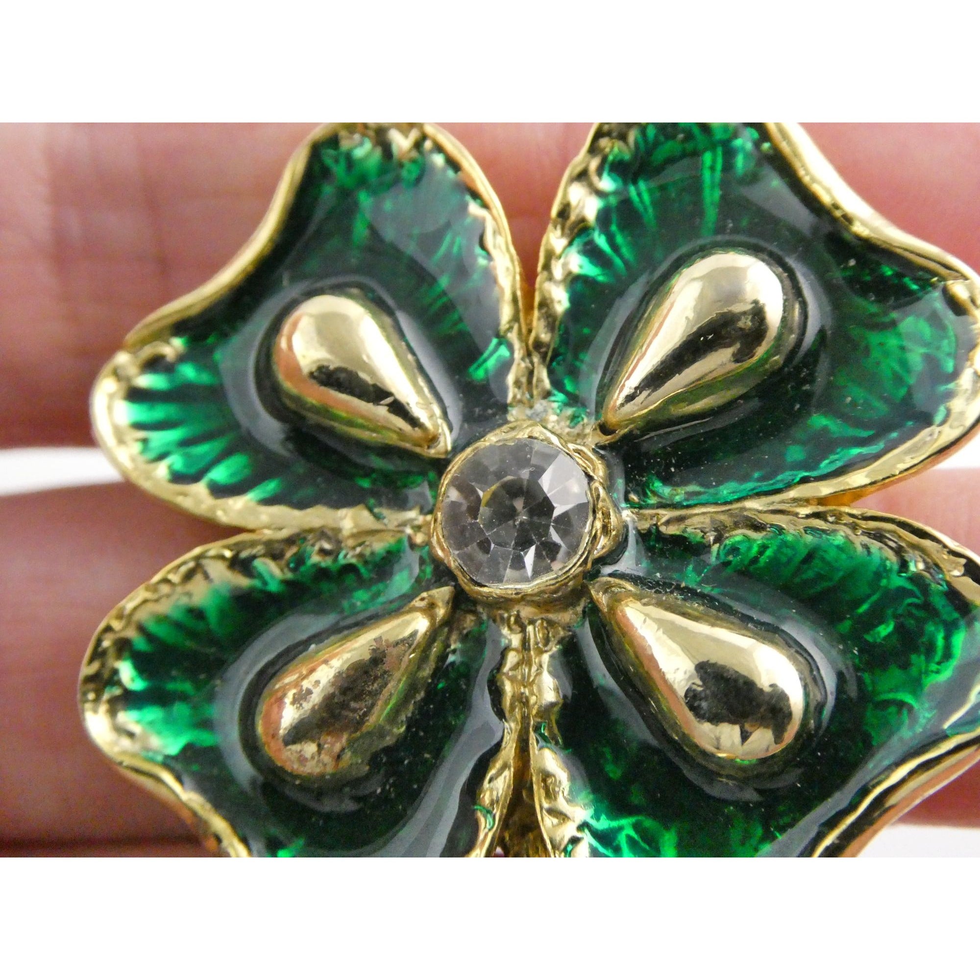 Vintage Goldtone Metal Green Enamel and White Rhinestone Four Leaf Clover Pin