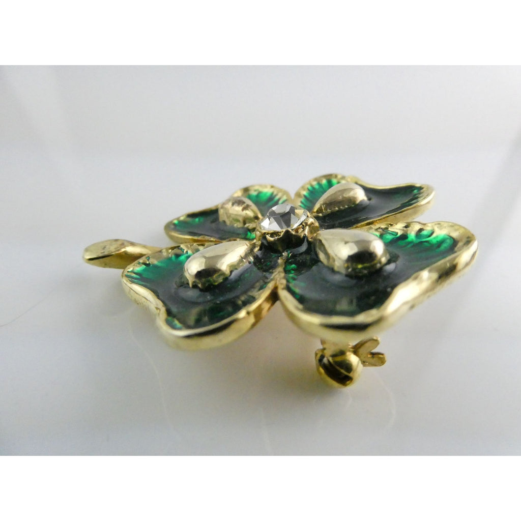 Vintage Goldtone Metal Green Enamel and White Rhinestone Four Leaf Clover Pin