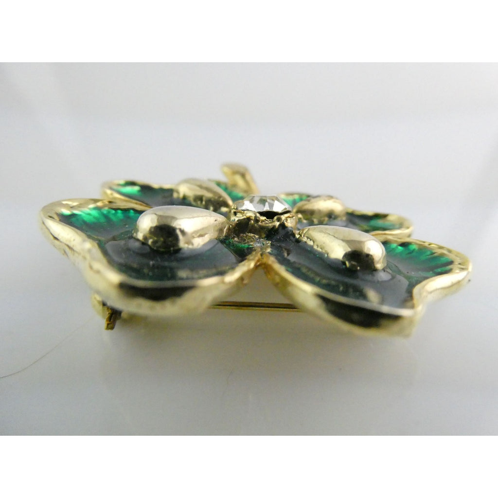 Vintage Goldtone Metal Green Enamel and White Rhinestone Four Leaf Clover Pin