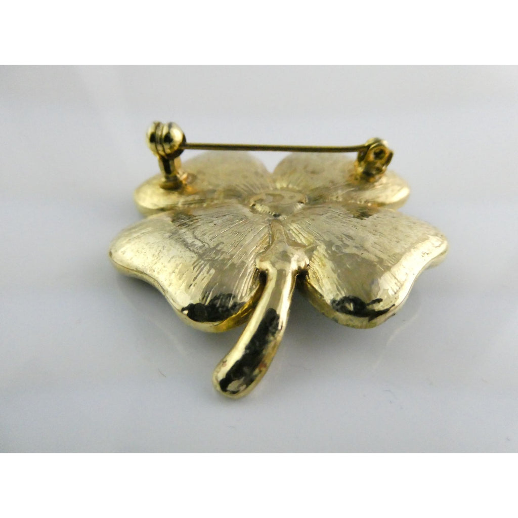 Vintage Goldtone Metal Green Enamel and White Rhinestone Four Leaf Clover Pin