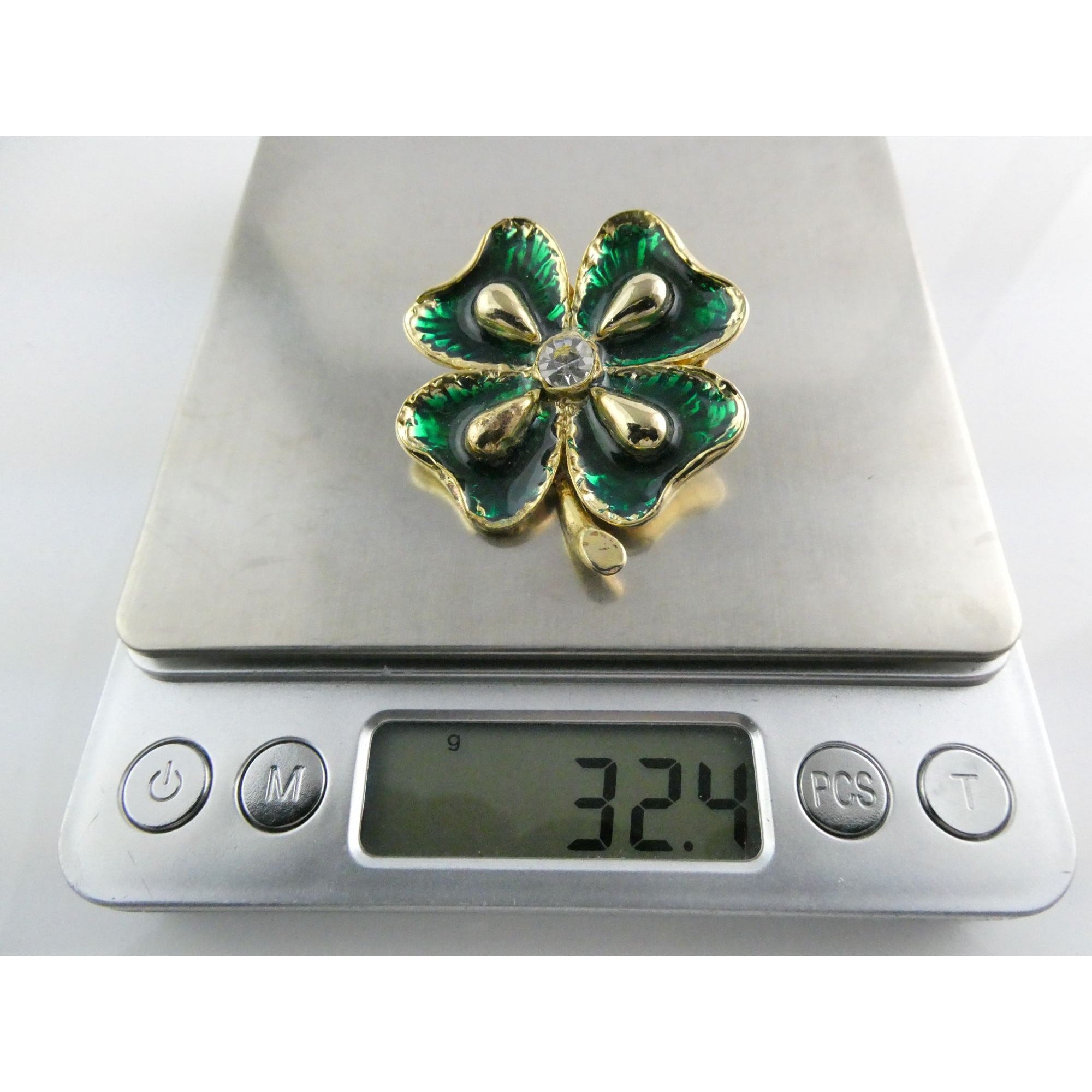 Vintage Goldtone Metal Green Enamel and White Rhinestone Four Leaf Clover Pin