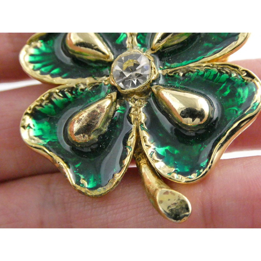 Vintage Goldtone Metal Green Enamel and White Rhinestone Four Leaf Clover Pin