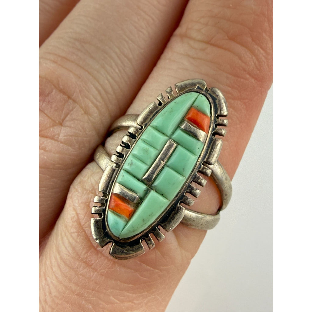 Southwestern Style Philippines Sterling Silver Turquoise and Coral Ring Size 8.5