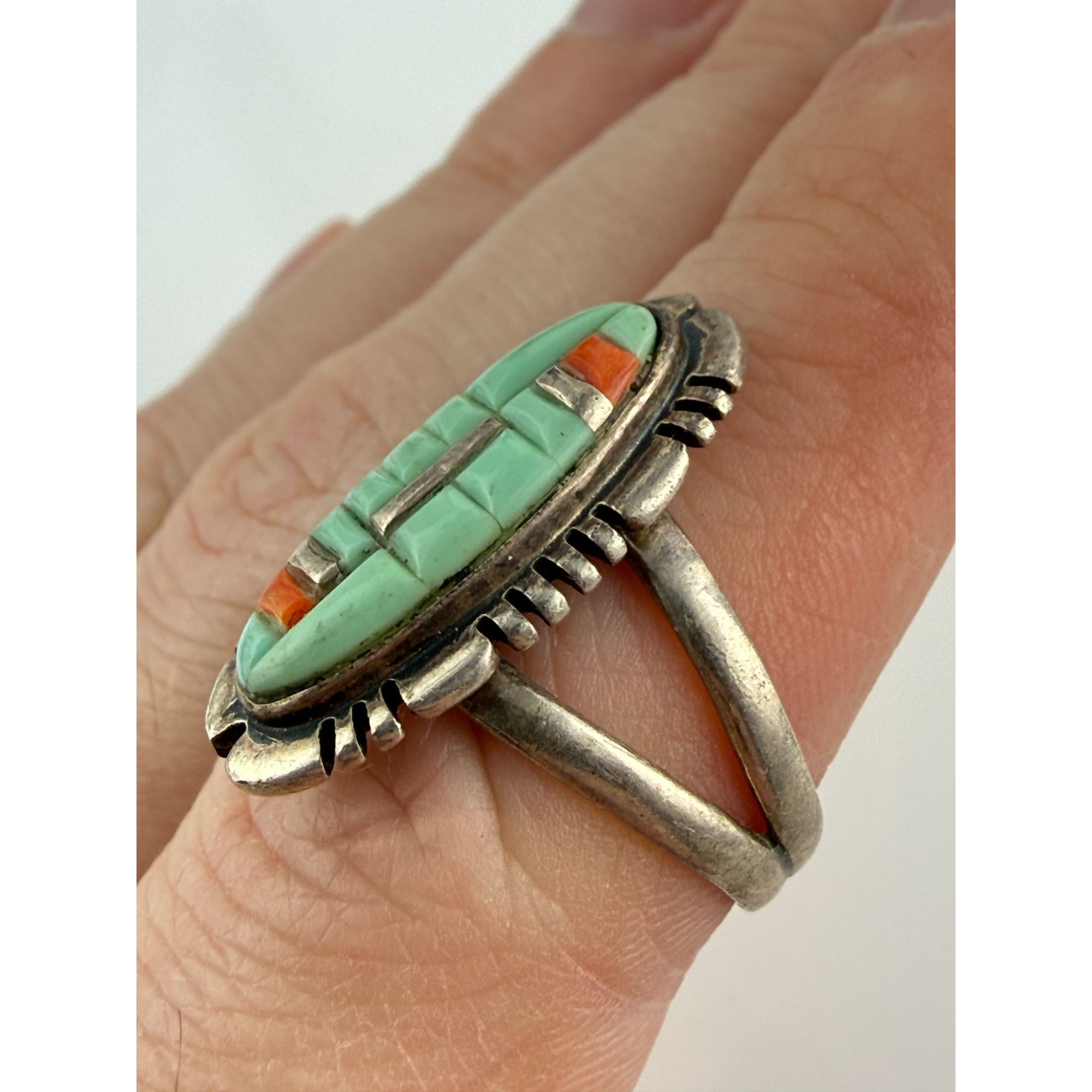 Southwestern Style Philippines Sterling Silver Turquoise and Coral Ring Size 8.5