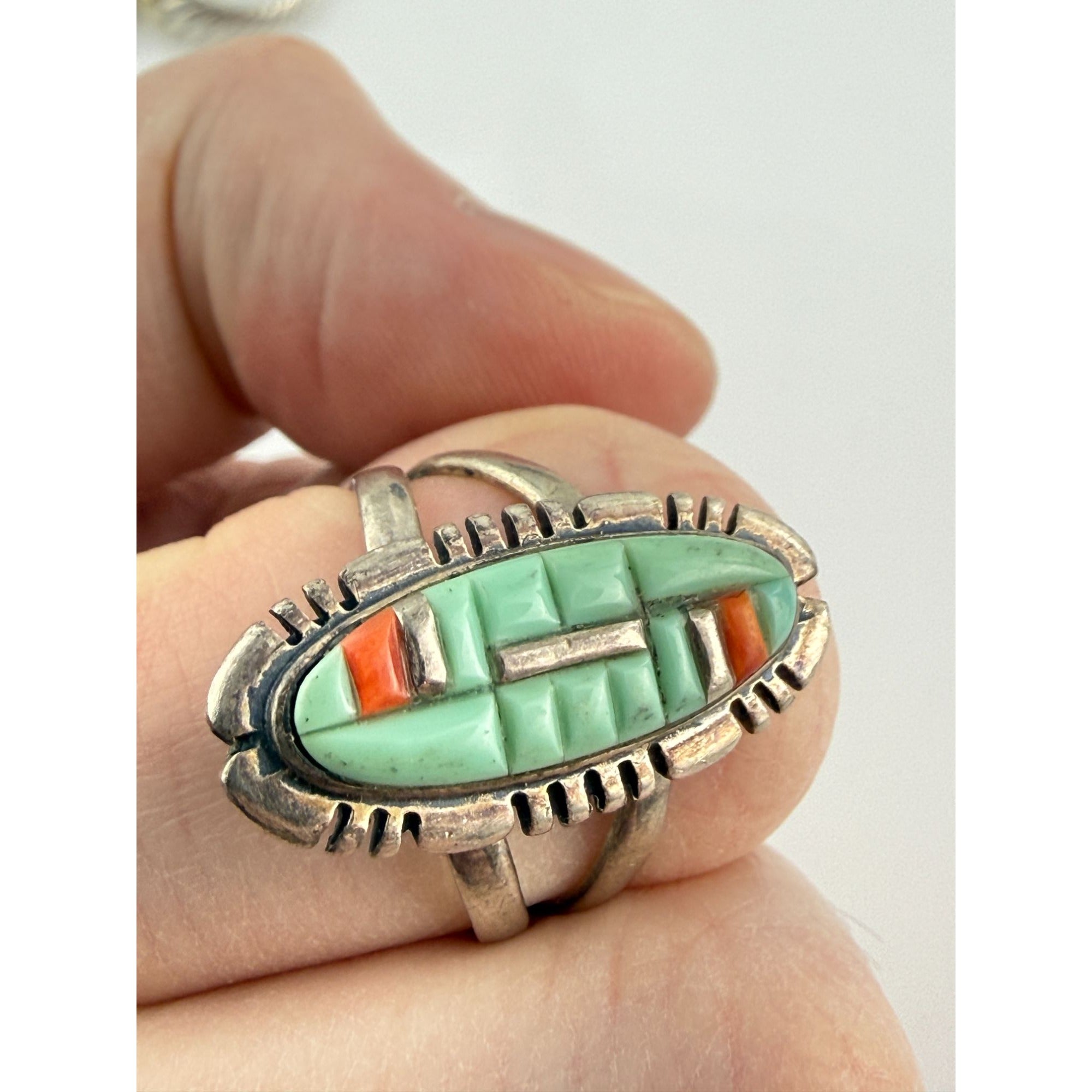 Southwestern Style Philippines Sterling Silver Turquoise and Coral Ring Size 8.5