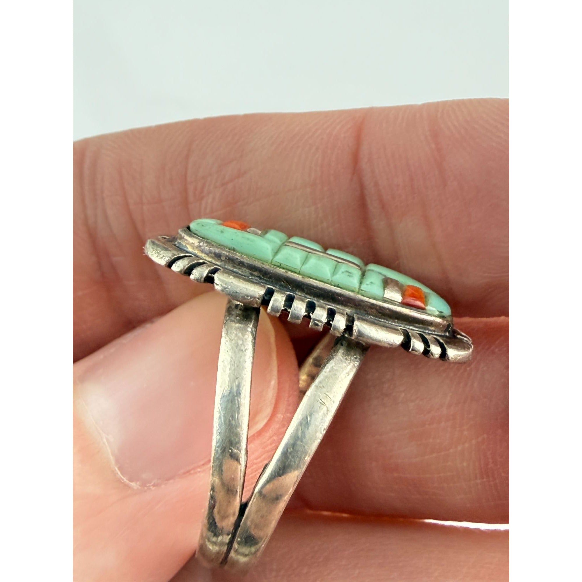 Southwestern Style Philippines Sterling Silver Turquoise and Coral Ring Size 8.5
