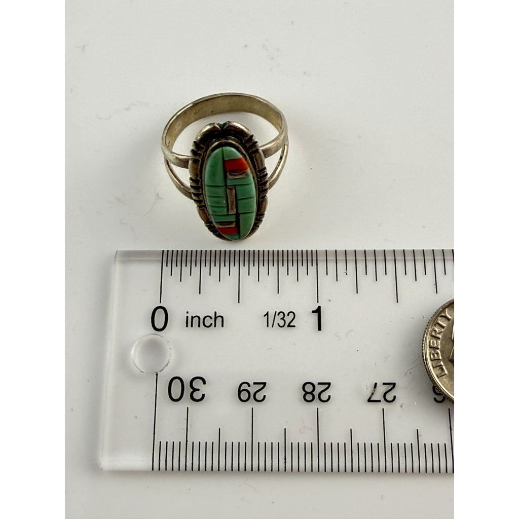 Southwestern Style Philippines Sterling Silver Turquoise and Coral Ring Size 8.5