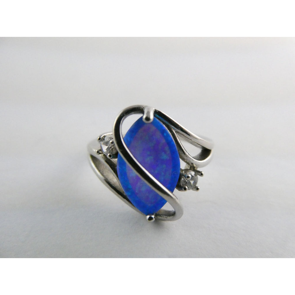 CI Sterling Silver Lab Created Blue Opal and White CZ Ring 925 Size 8 3.9g