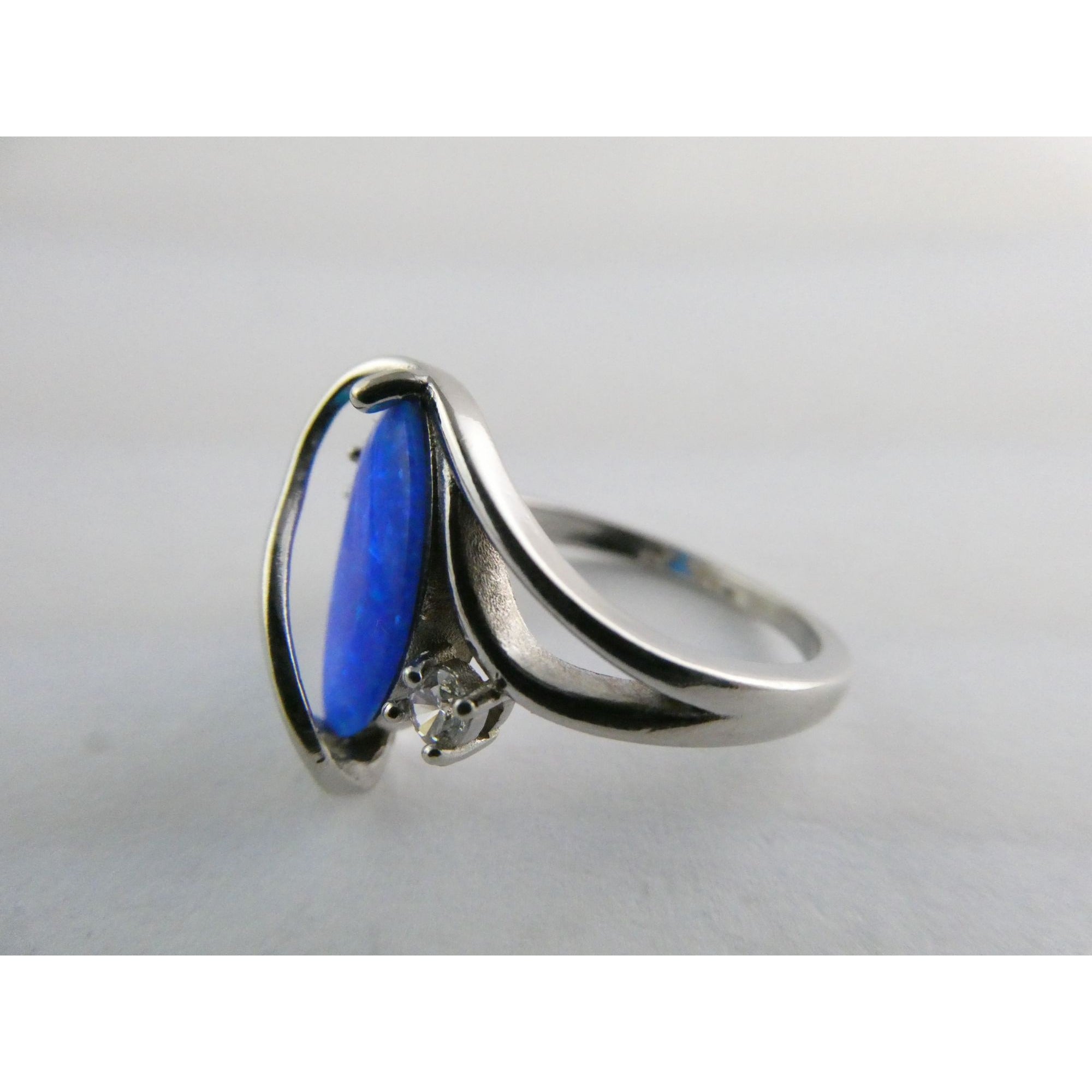 CI Sterling Silver Lab Created Blue Opal and White CZ Ring 925 Size 8 3.9g