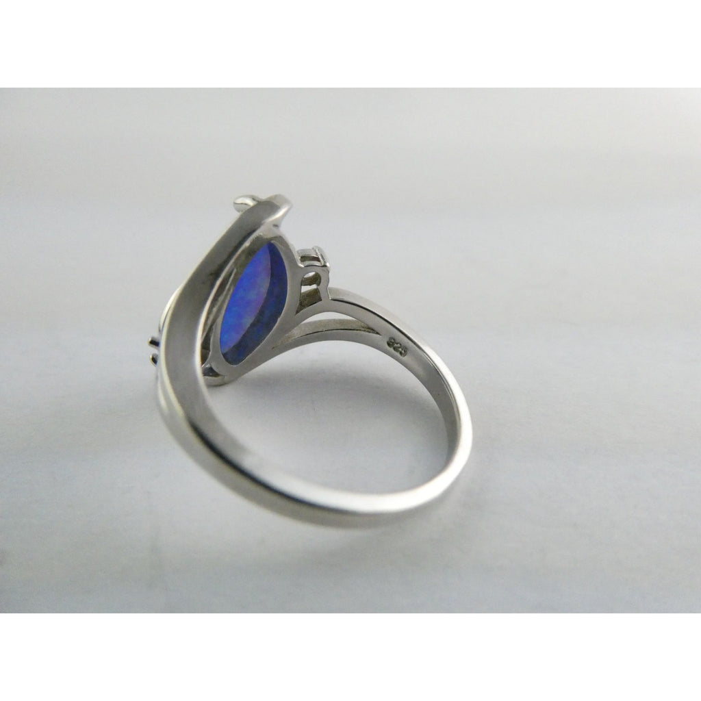 CI Sterling Silver Lab Created Blue Opal and White CZ Ring 925 Size 8 3.9g