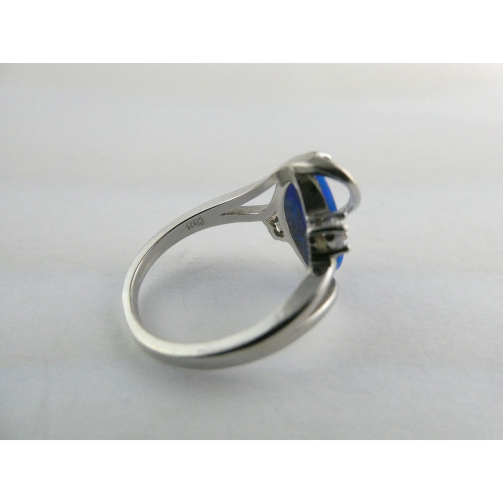 CI Sterling Silver Lab Created Blue Opal and White CZ Ring 925 Size 8 3.9g