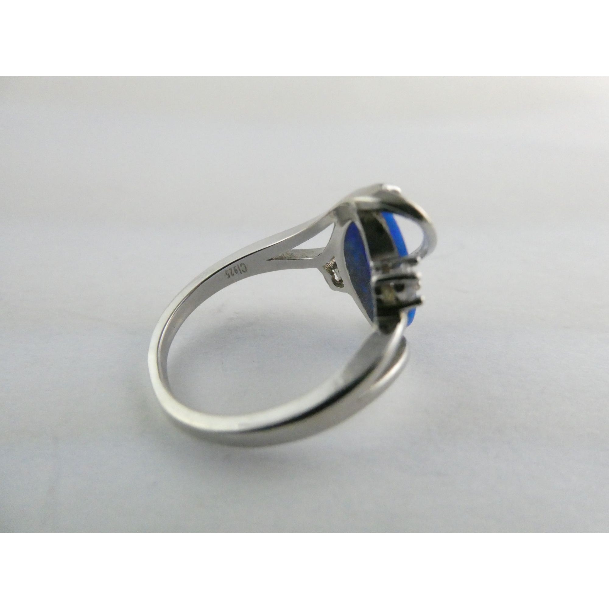 CI Sterling Silver Lab Created Blue Opal and White CZ Ring 925 Size 8 3.9g