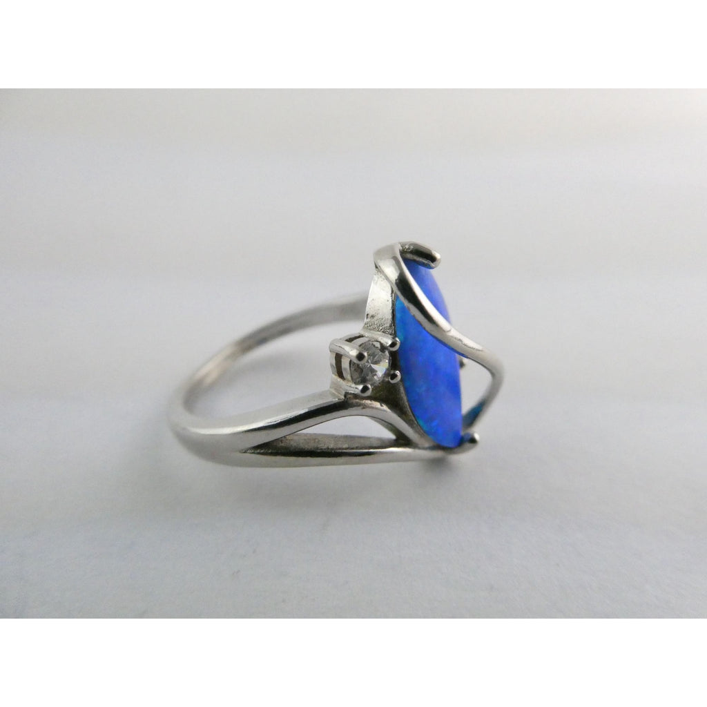 CI Sterling Silver Lab Created Blue Opal and White CZ Ring 925 Size 8 3.9g