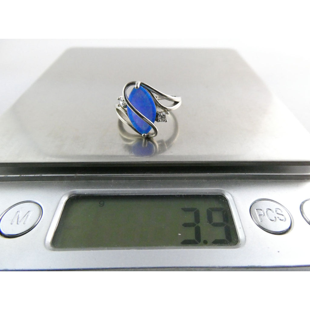 CI Sterling Silver Lab Created Blue Opal and White CZ Ring 925 Size 8 3.9g
