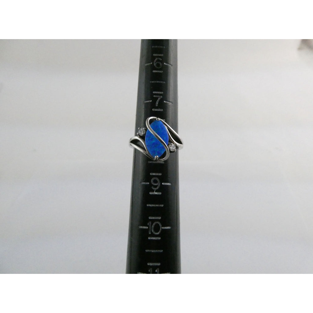 CI Sterling Silver Lab Created Blue Opal and White CZ Ring 925 Size 8 3.9g
