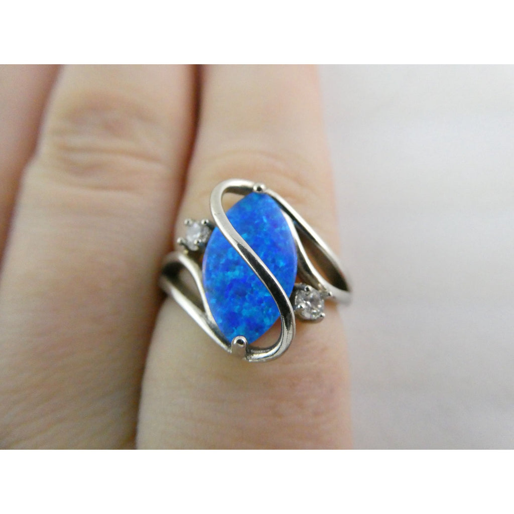 CI Sterling Silver Lab Created Blue Opal and White CZ Ring 925 Size 8 3.9g