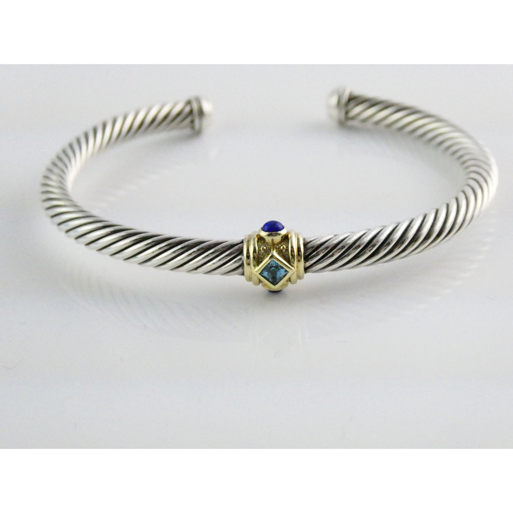 David Yurman Sterling Silver 14k Gold Blue Topaz and Lapis Renaissance Bracelet