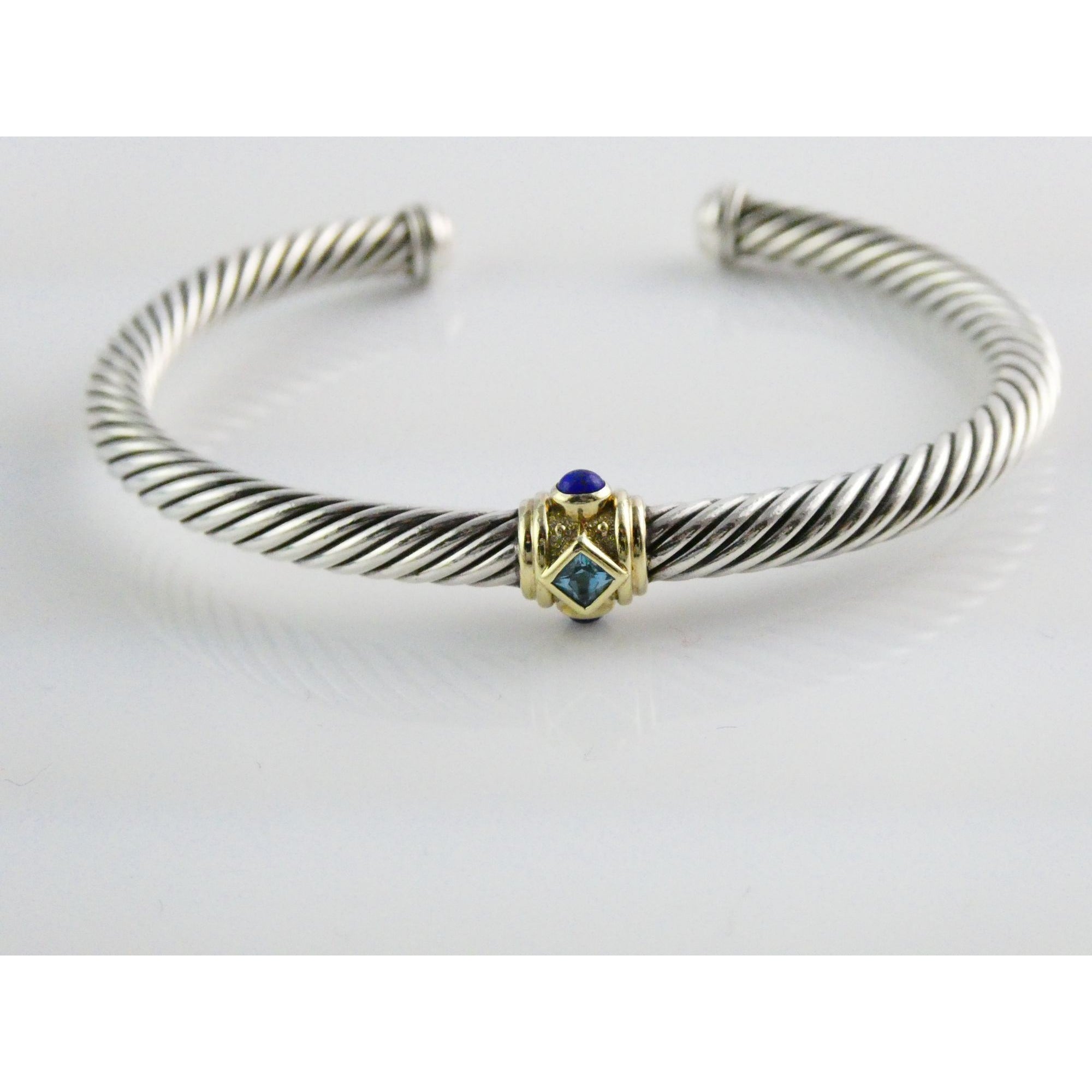 David Yurman Sterling Silver 14k Gold Blue Topaz and Lapis Renaissance Bracelet