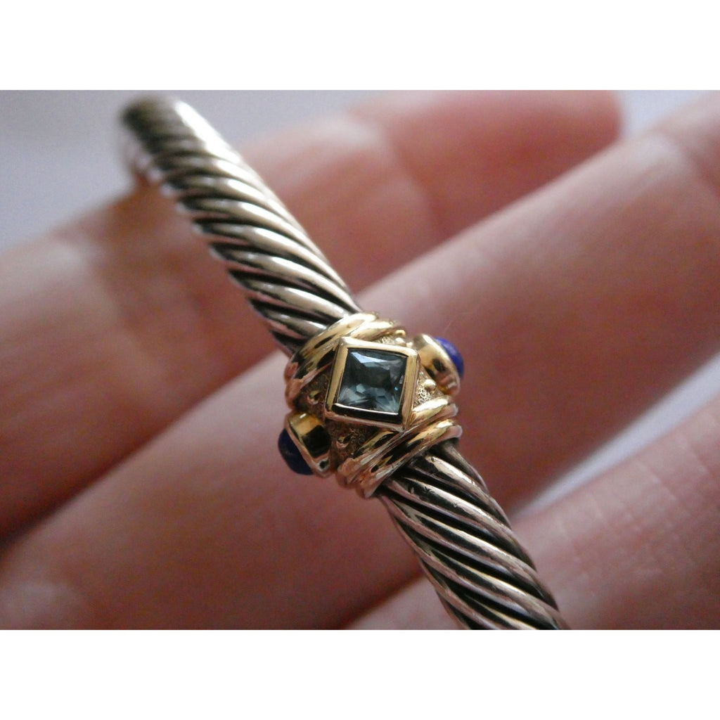 David Yurman Sterling Silver 14k Gold Blue Topaz and Lapis Renaissance Bracelet