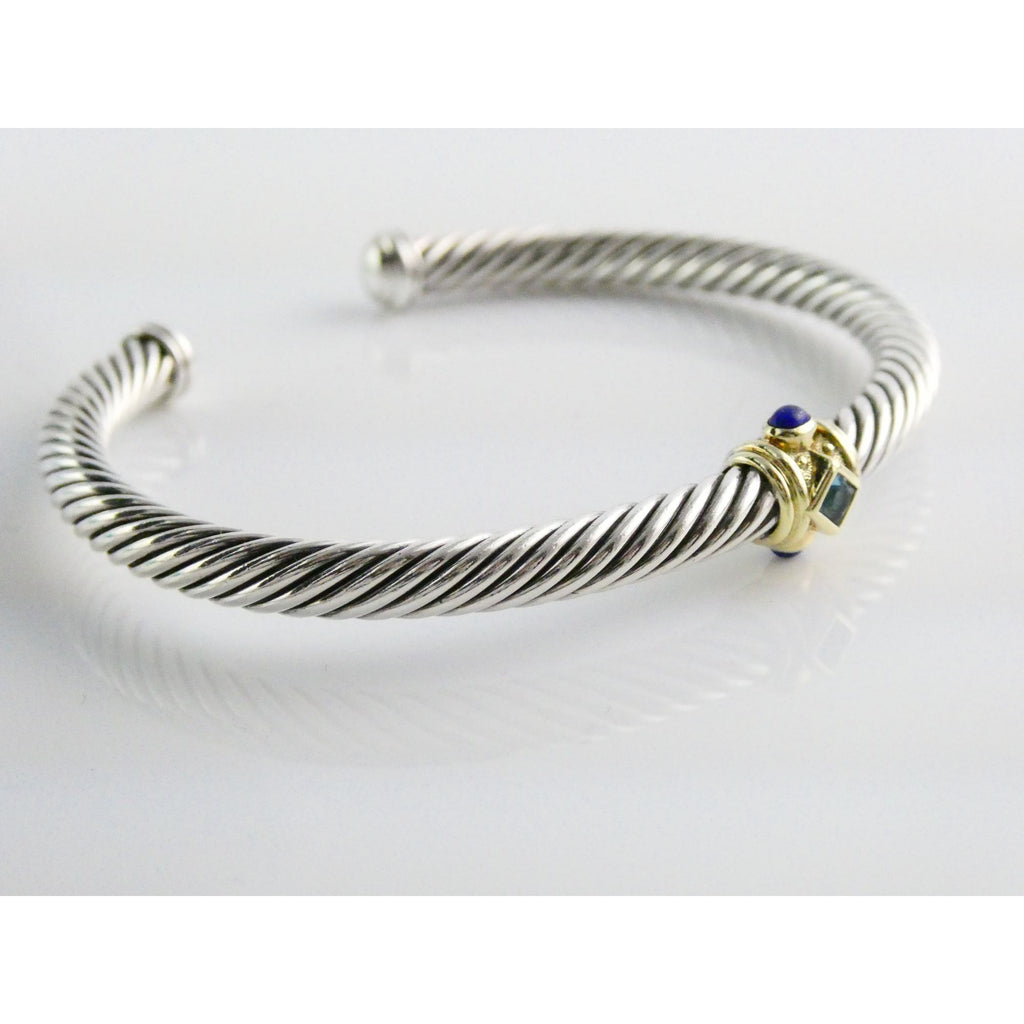 David Yurman Sterling Silver 14k Gold Blue Topaz and Lapis Renaissance Bracelet