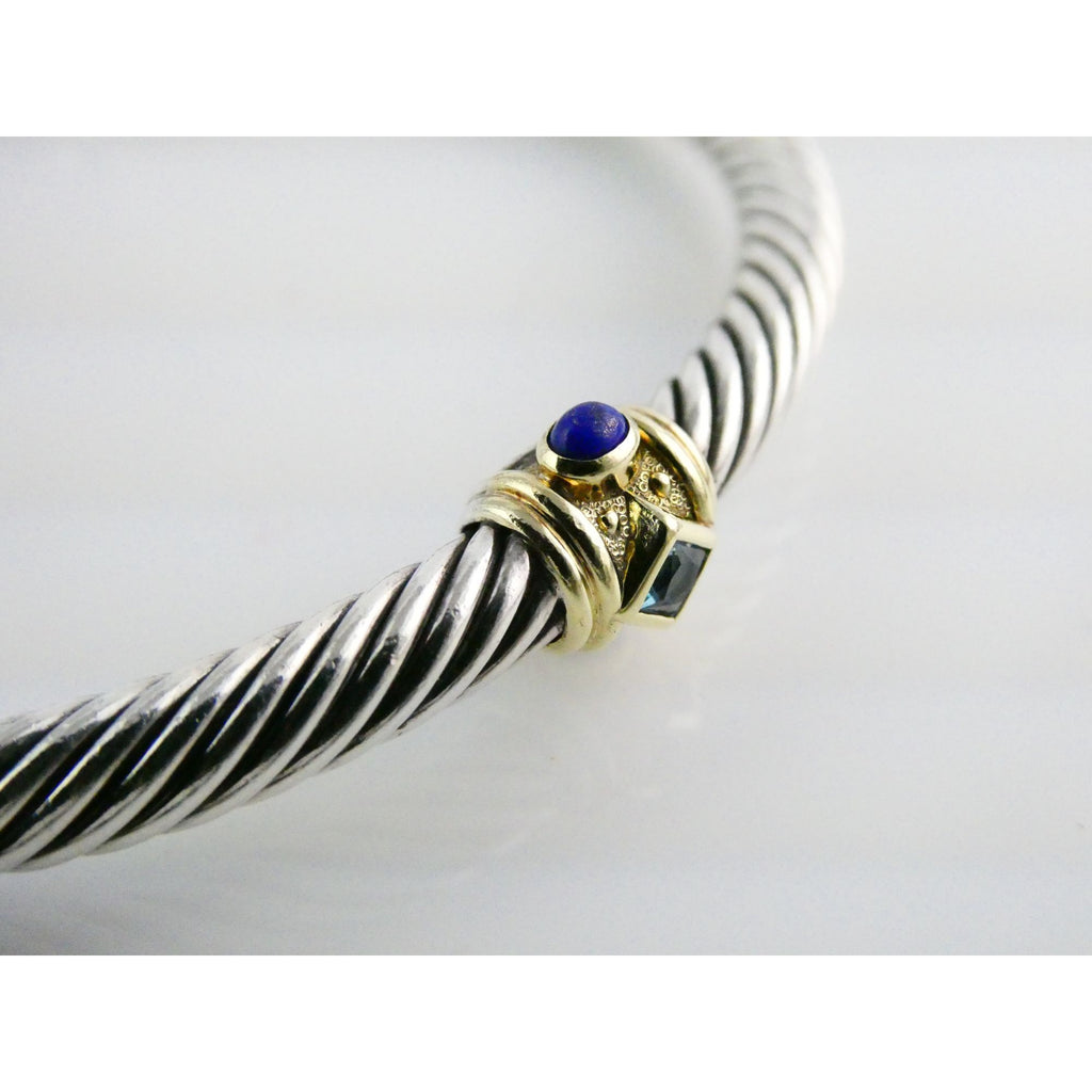 David Yurman Sterling Silver 14k Gold Blue Topaz and Lapis Renaissance Bracelet