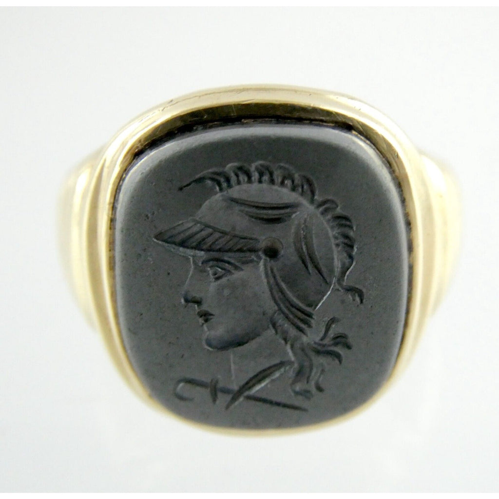 Antique 10k Yellow Gold Carved Hematite Centurion Soldier Signet Ring Size 8.75