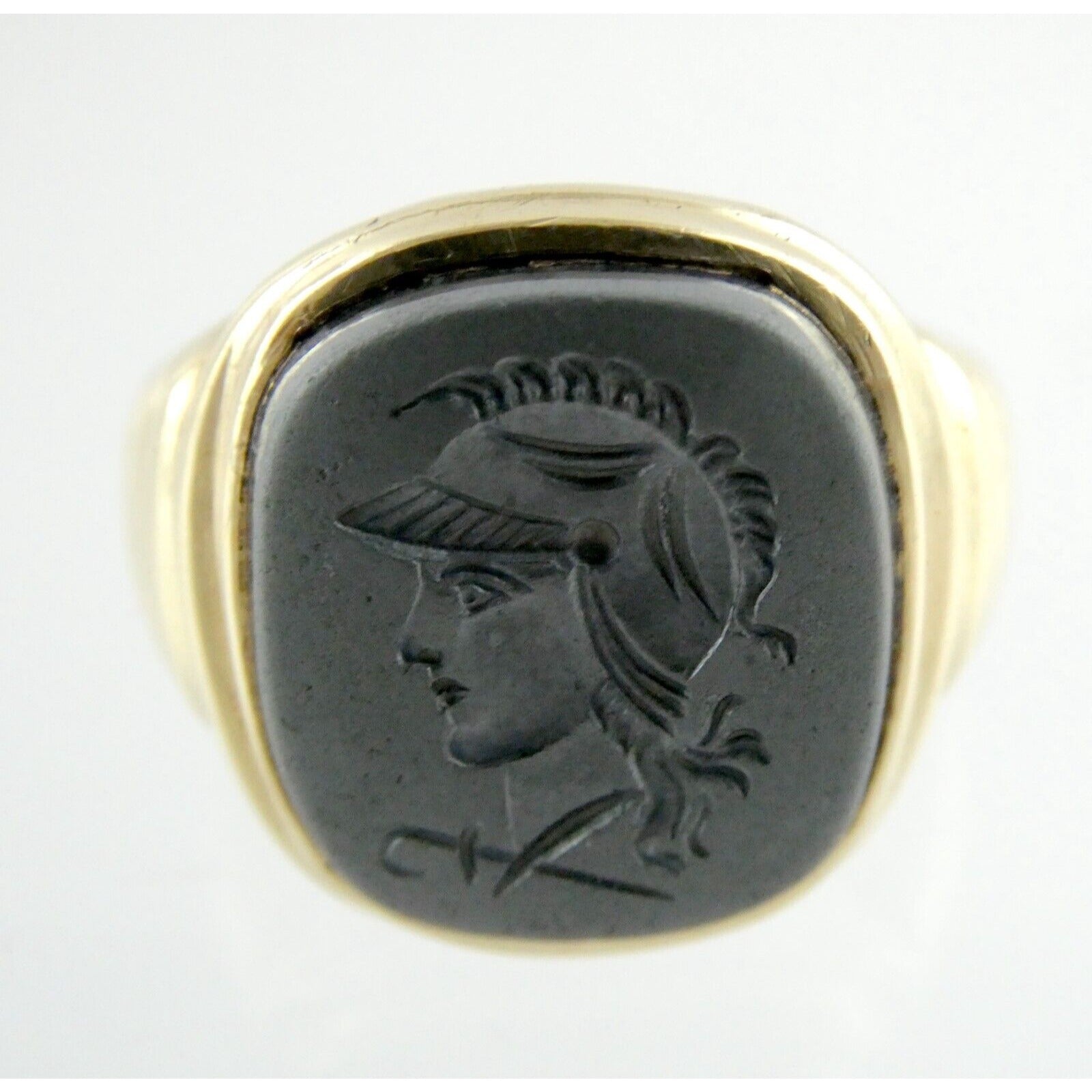 Antique 10k Yellow Gold Carved Hematite Centurion Soldier Signet Ring Size 8.75