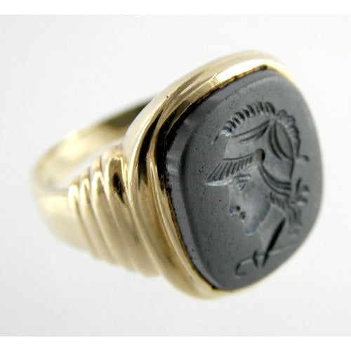 Antique 10k Yellow Gold Carved Hematite Centurion Soldier Signet Ring Size 8.75