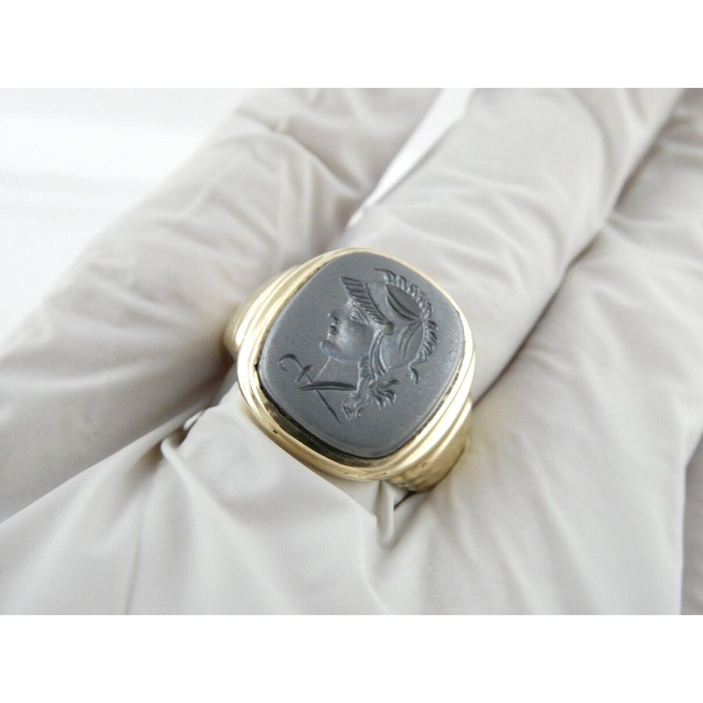 Antique 10k Yellow Gold Carved Hematite Centurion Soldier Signet Ring Size 8.75