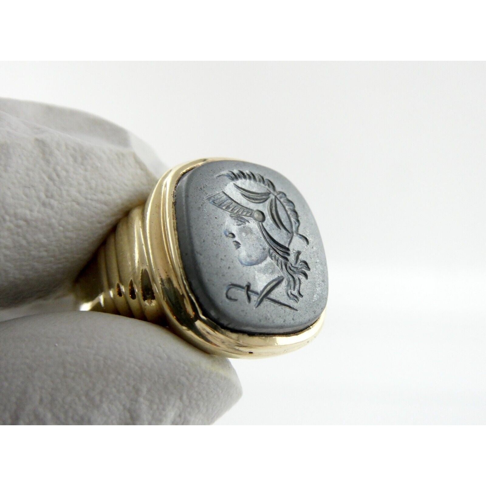 Antique 10k Yellow Gold Carved Hematite Centurion Soldier Signet Ring Size 8.75