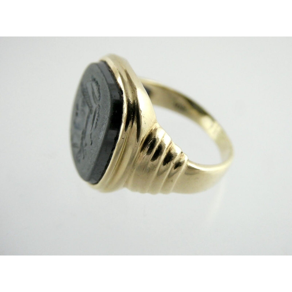 Antique 10k Yellow Gold Carved Hematite Centurion Soldier Signet Ring Size 8.75