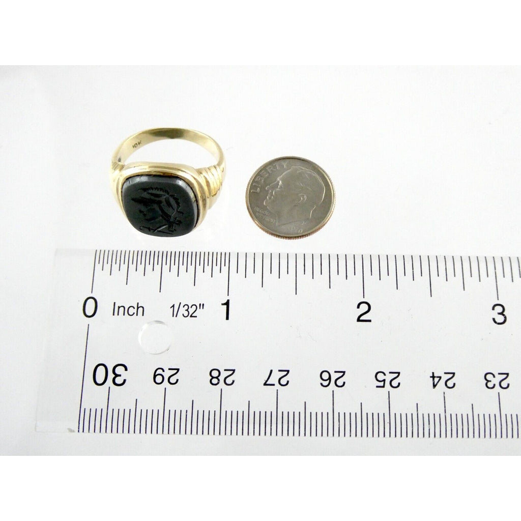 Antique 10k Yellow Gold Carved Hematite Centurion Soldier Signet Ring Size 8.75
