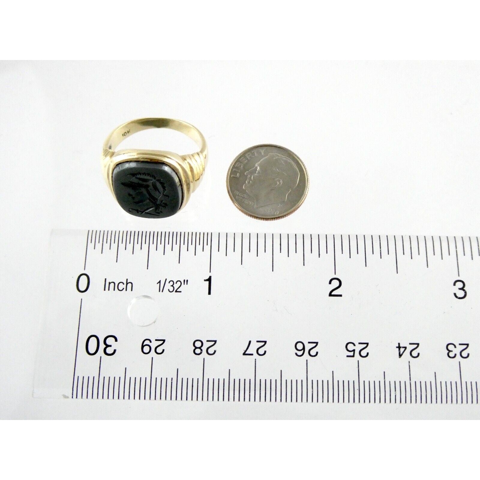 Antique 10k Yellow Gold Carved Hematite Centurion Soldier Signet Ring Size 8.75