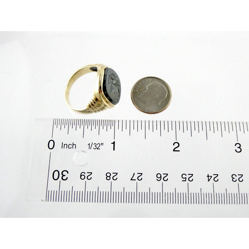 Antique 10k Yellow Gold Carved Hematite Centurion Soldier Signet Ring Size 8.75