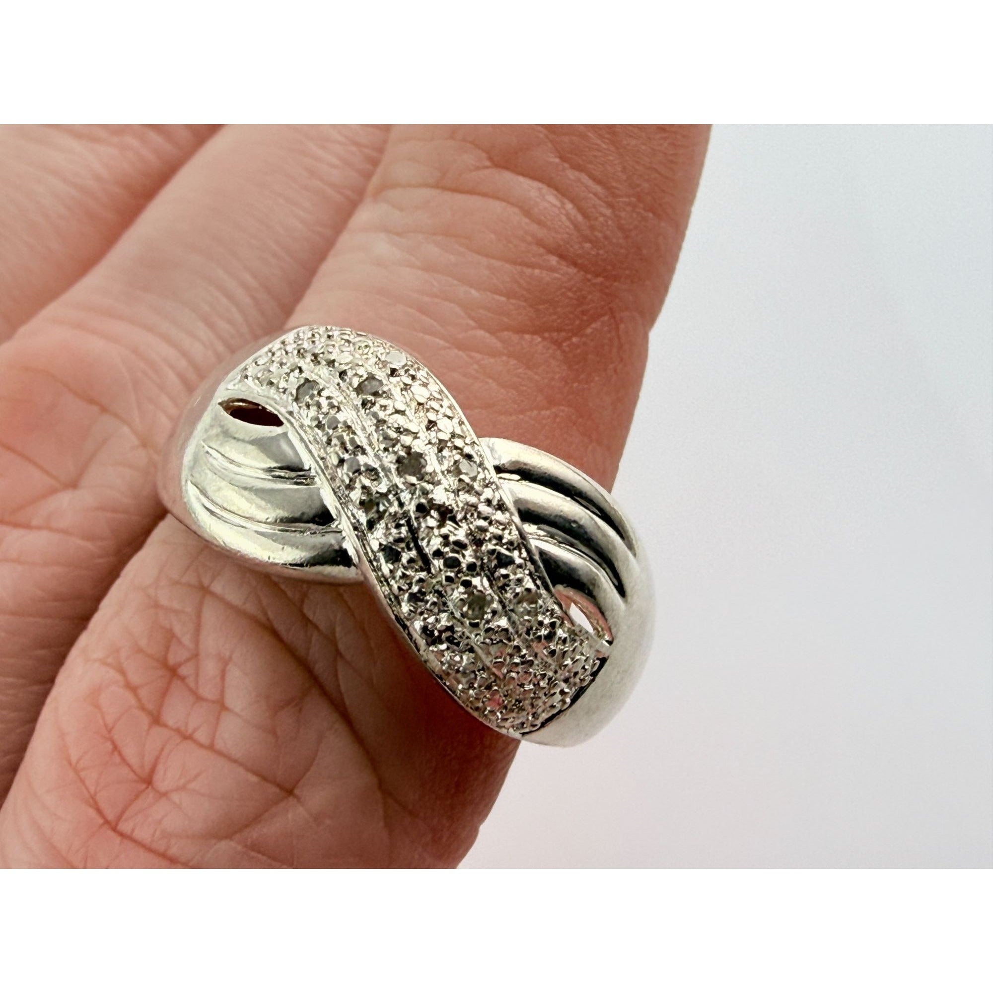 Designer Sterling Silver Lab Created Diamond Overlapping Ring Size 10 5.7 Grams