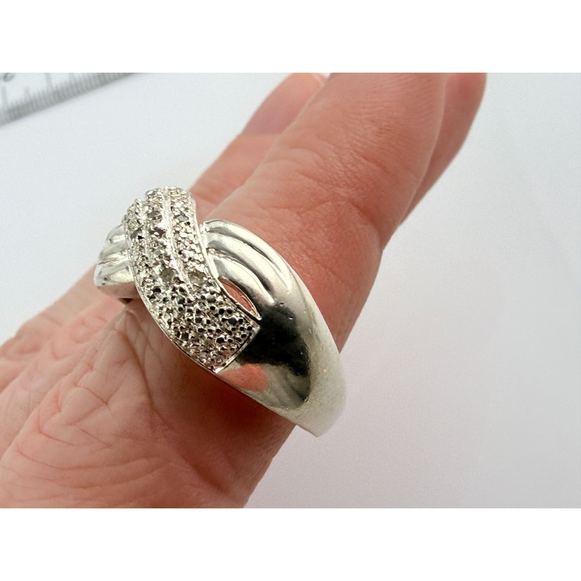 Designer Sterling Silver Lab Created Diamond Overlapping Ring Size 10 5.7 Grams
