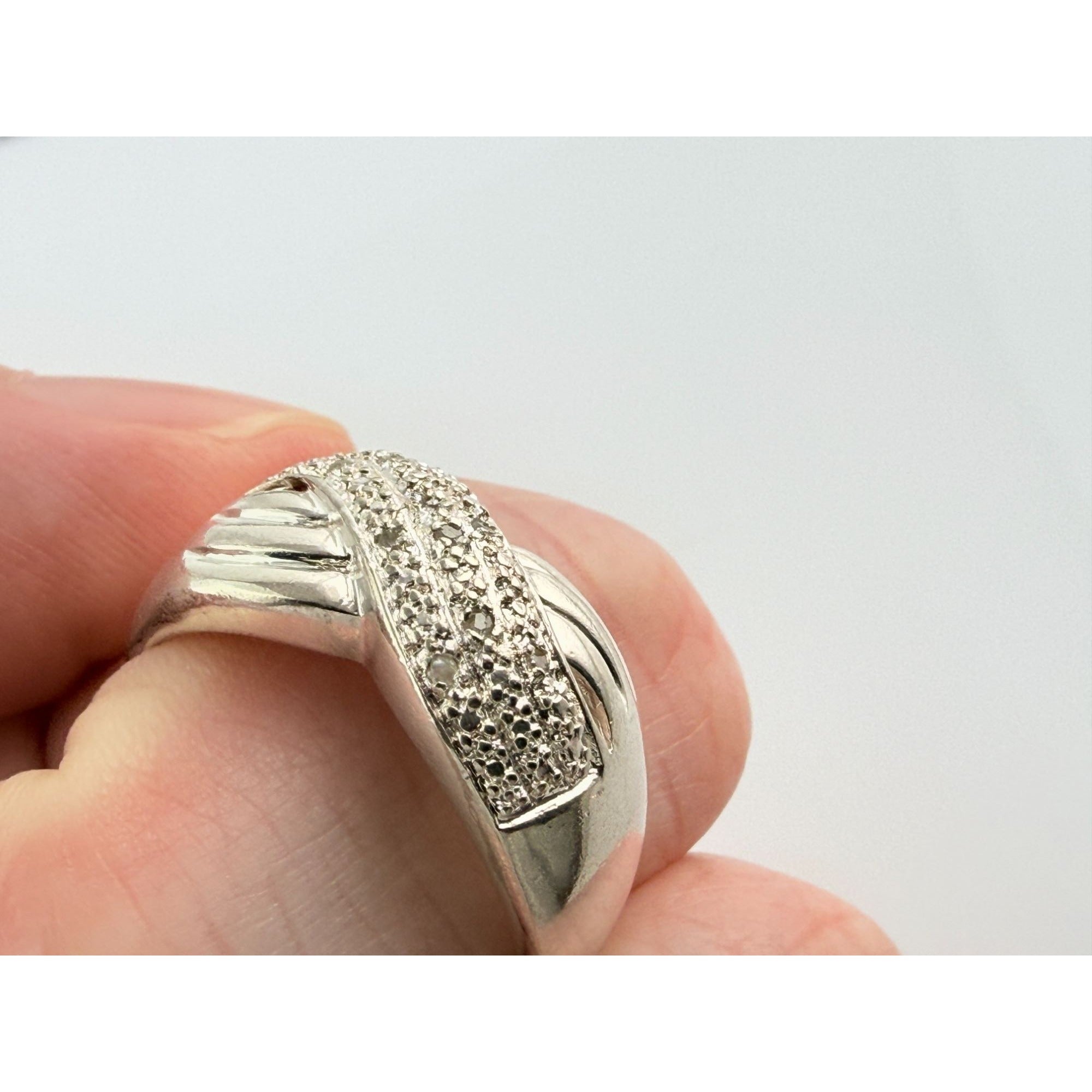 Designer Sterling Silver Lab Created Diamond Overlapping Ring Size 10 5.7 Grams