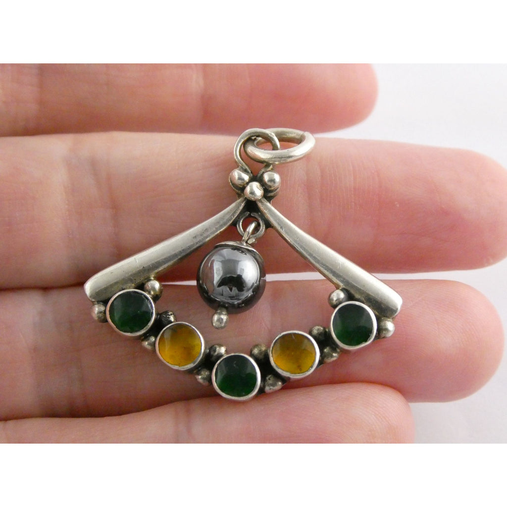 Sterling Silver Hematite Bead with Green Yellow Resin Pendant 7.9g 1.25 Inches