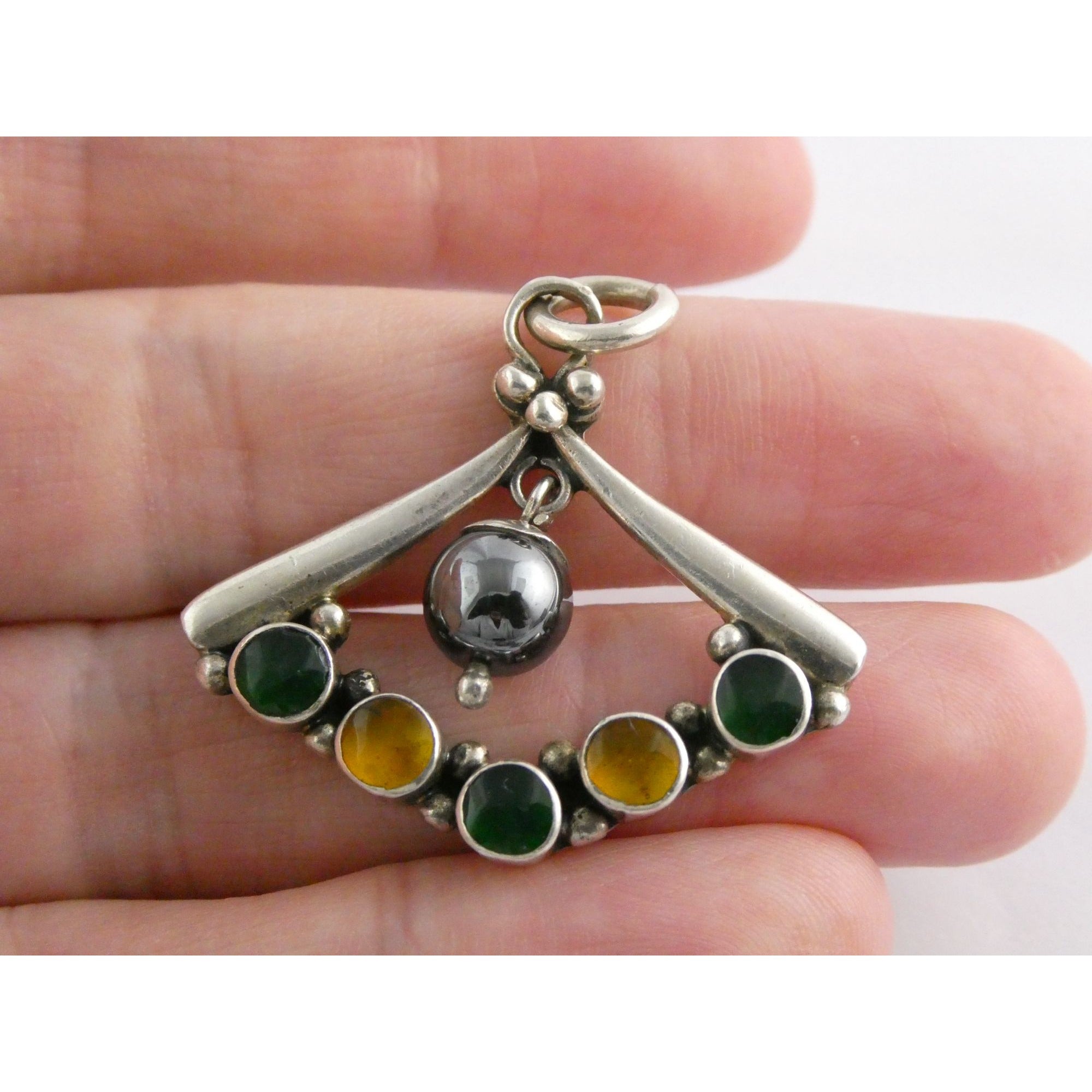 Sterling Silver Hematite Bead with Green Yellow Resin Pendant 7.9g 1.25 Inches