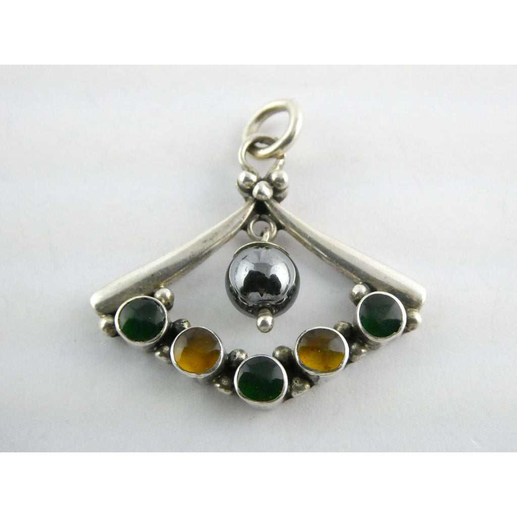 Sterling Silver Hematite Bead with Green Yellow Resin Pendant 7.9g 1.25 Inches