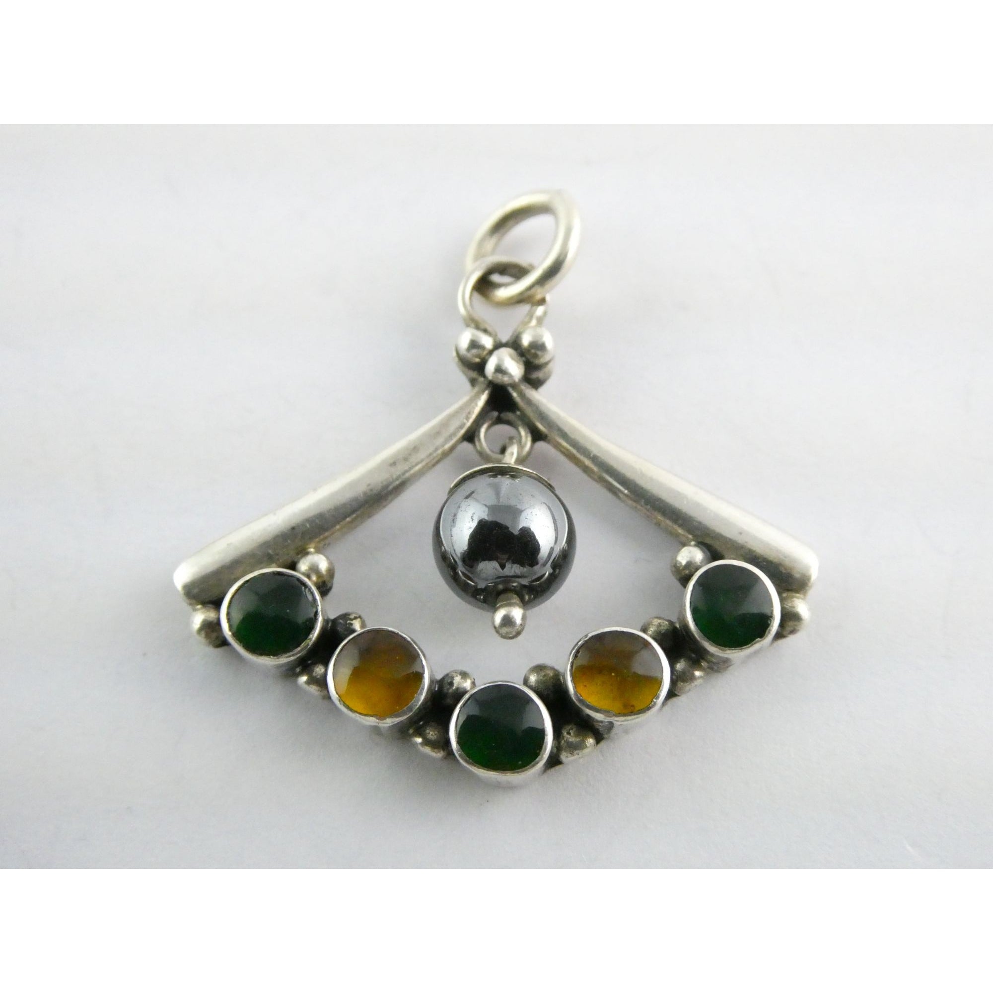 Sterling Silver Hematite Bead with Green Yellow Resin Pendant 7.9g 1.25 Inches
