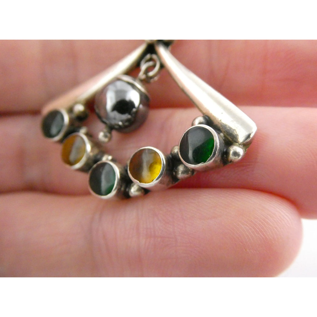 Sterling Silver Hematite Bead with Green Yellow Resin Pendant 7.9g 1.25 Inches