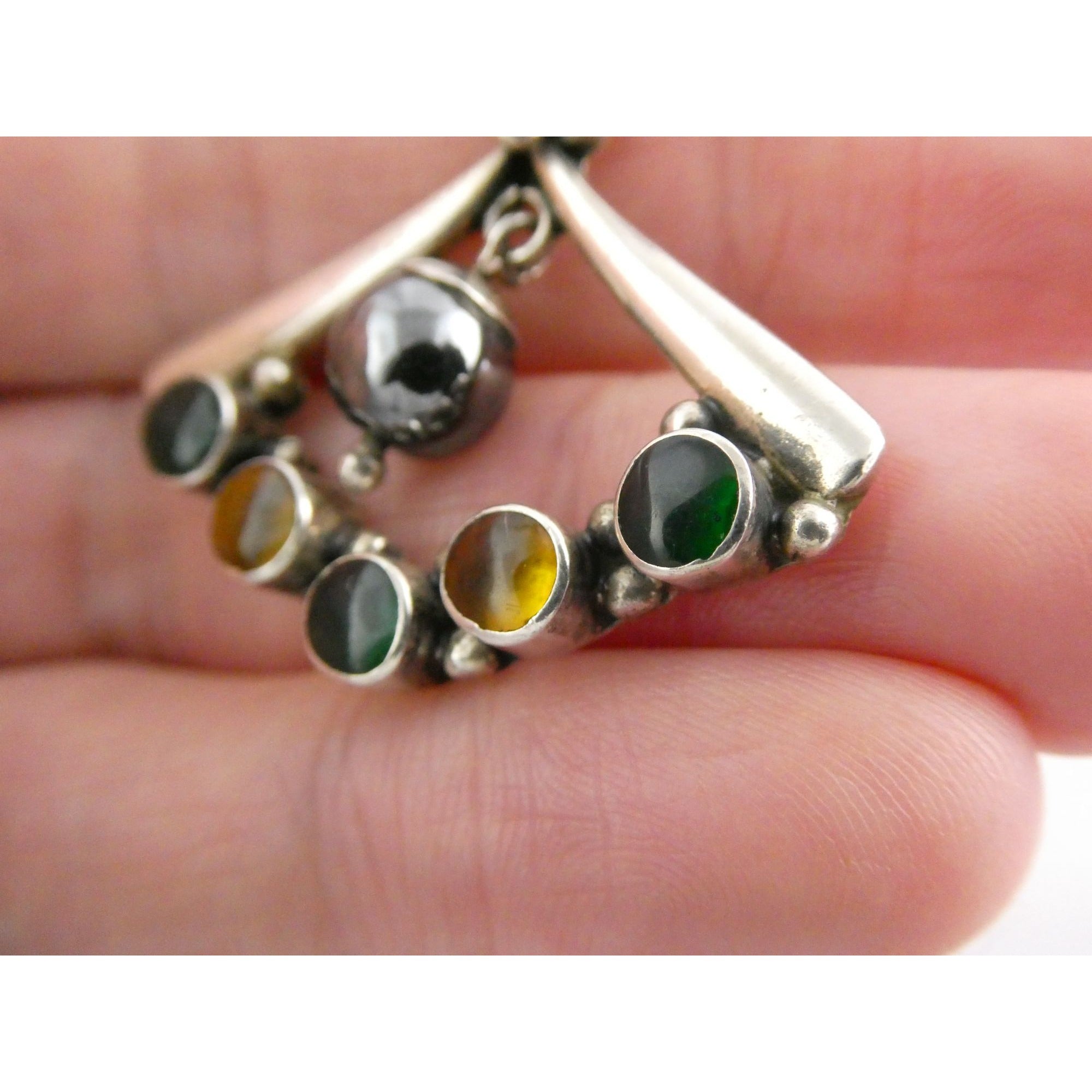 Sterling Silver Hematite Bead with Green Yellow Resin Pendant 7.9g 1.25 Inches