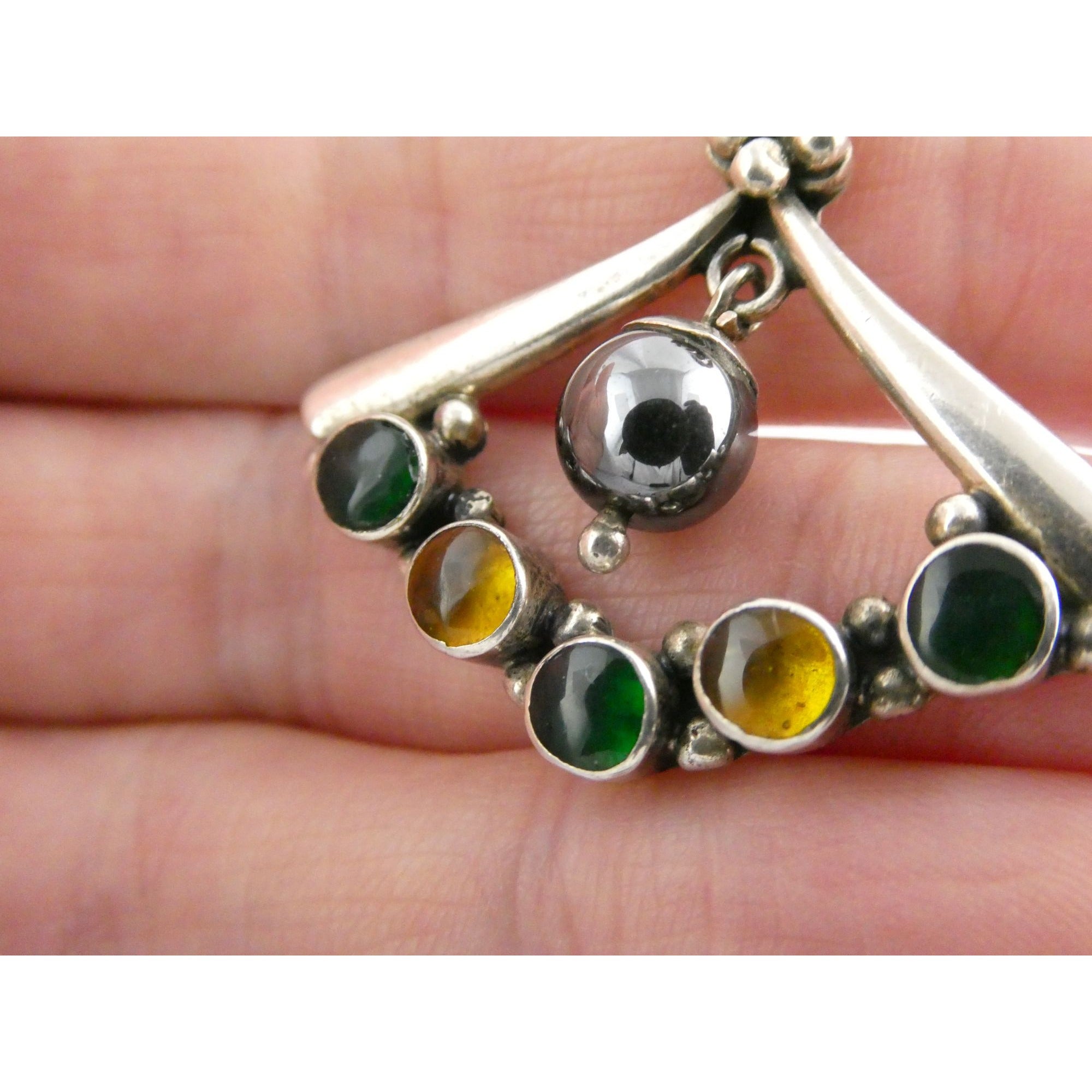 Sterling Silver Hematite Bead with Green Yellow Resin Pendant 7.9g 1.25 Inches