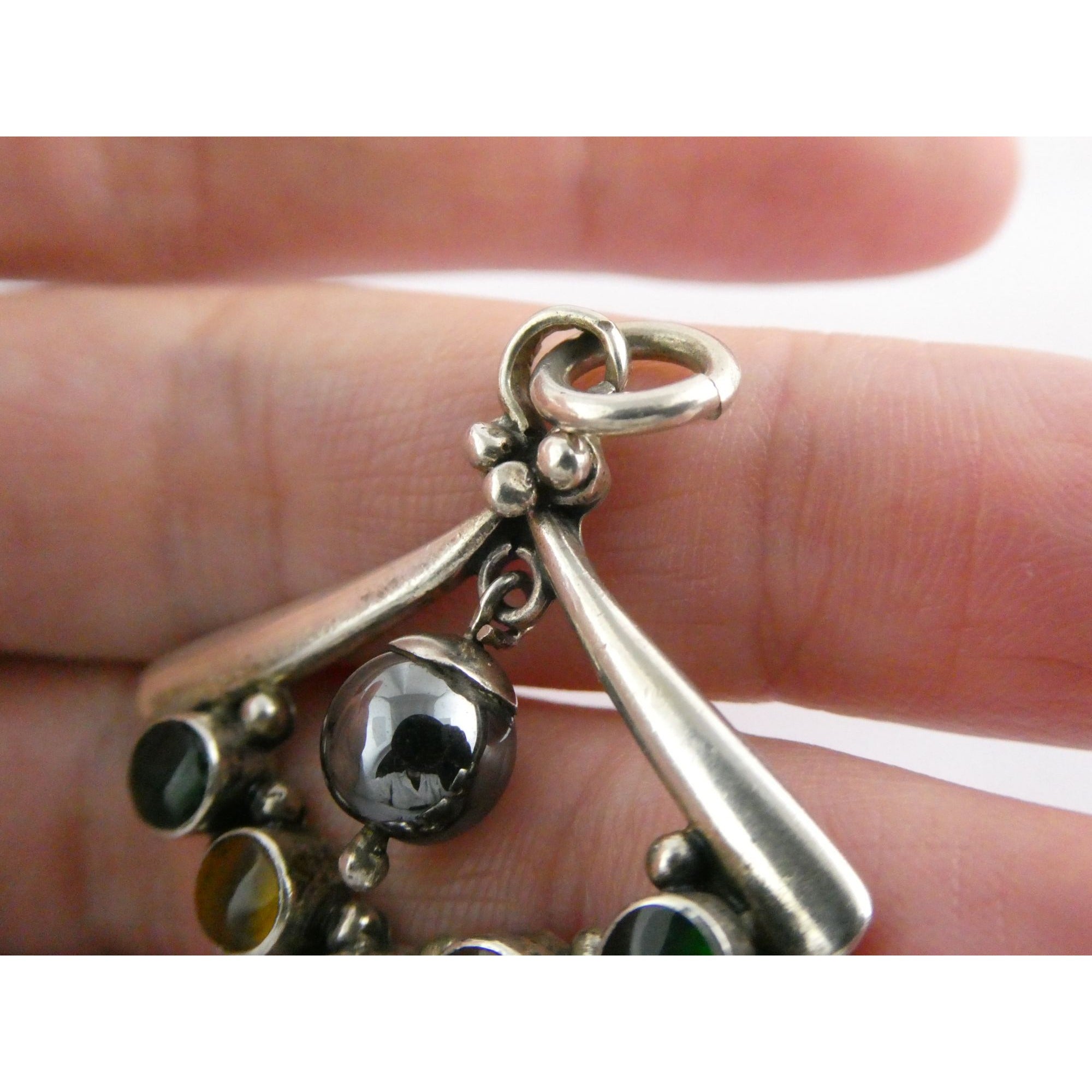 Sterling Silver Hematite Bead with Green Yellow Resin Pendant 7.9g 1.25 Inches